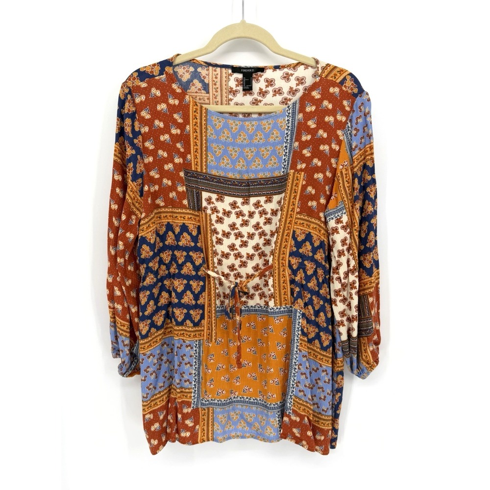 FOREVER 21 Women's Boho Scarf Print Long Sleeve Peasant Mini Dress Tie Front